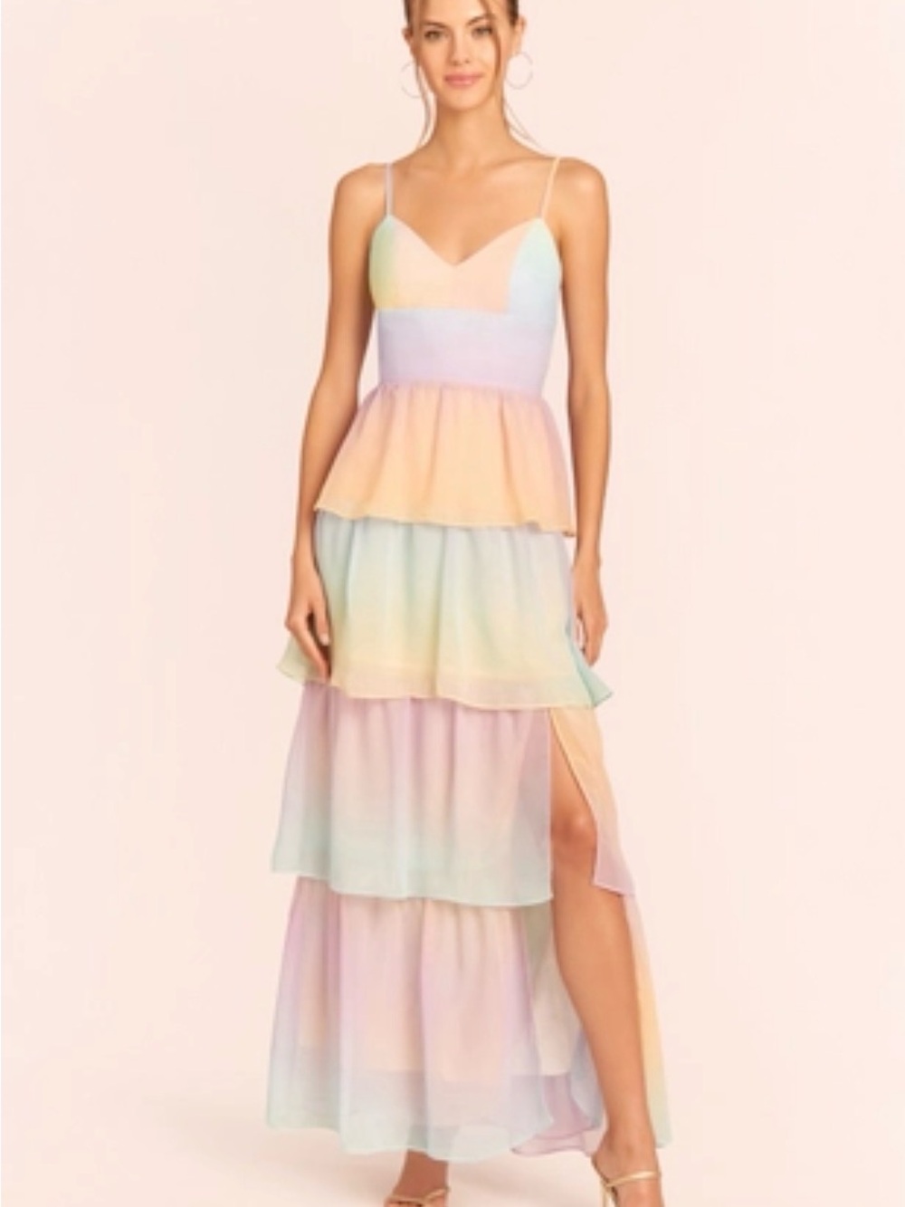 Amanda Uprichard Tiered Thaddea Maxi Dress Rainbow Pastel Ombre Chiffon Sz XS